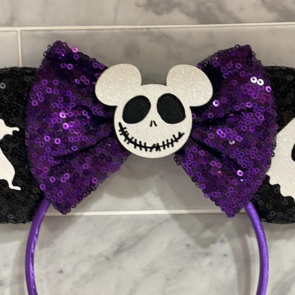 Mickey as Jack Skellington Minnie Mouse Sequin Ears Bow Headband Ghosts NBC NEW